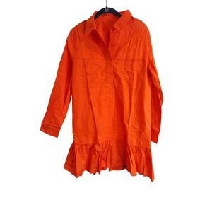 New Collection Orange Ruffle Hem Drop Waist Long Sleeve Shirt Dress Size M